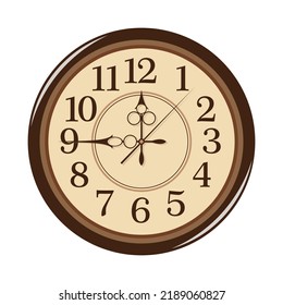 Old vintage round brown clock with delicate hands. Dial on a white background. Vector.