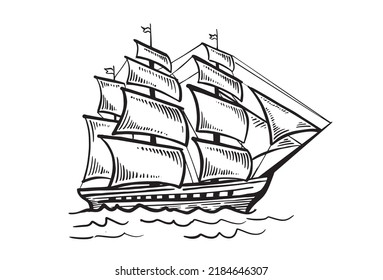 Old vintage sailboat. Hand drawn vector sketch.