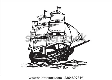 Old vintage sailboat. Hand drawn vector sketch.