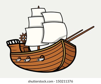 Old Vintage Sea Ship - Vector Cartoon Illustration
