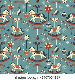Old Vintage seamless pattern with retro flat style Christmas tree decor. Winter ornament with bauble decorations, rocking horse. Hand drawn, not AI.