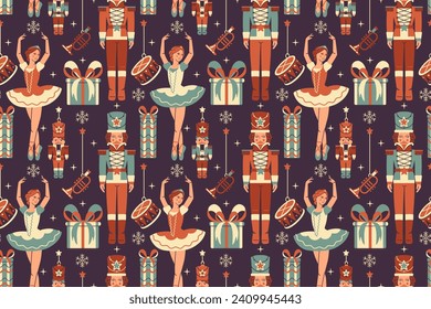 Papel de paredes sin costura de la vieja época. Noel fondo de Navidad. Elegante telón de fondo de ballet Nutcracker de invierno. Concepto de tierra de ensueño retro para regalo, papel de envoltura, tela. Tono de chocolate. Dibujado a mano, no IA.