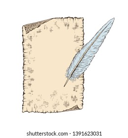 Old vintage sheet of paper sketch ink. Goose feather hand drawn vector illustration