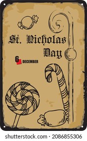 Old vintage sign to the date - Catholic date St Nicholas Day. Vector illustration for the holiday and event in December.