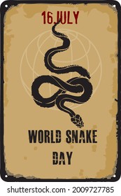 Antiguo cartel vintage de la fecha - Día Mundial de la Serpiente. Ilustración vectorial de la festividad y el evento de julio.