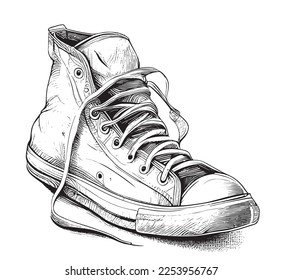 Old vintage sneaker sketch hand drawn line art Vector illustration.