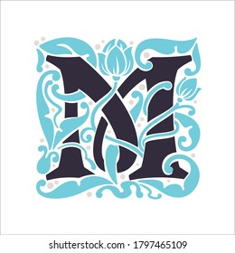 Old vintage style M letter initial logo. This icon can be used for a elegant package, antique diploma, heraldry art, old identity, etc.