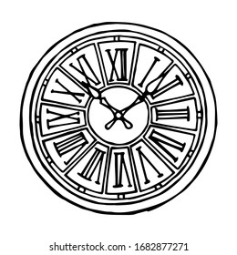 Old vintage style wall watch silhouette with roman dial. Hand-drawn vector illustration isolated on white background. 