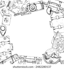 Old vintage suitcases, photo camera, map, flask. globe passport id, ticket card pass. Vector ink hand drawn illustration. Square frame. Design tourism, travel brochure, booklet, wedding guide, print.