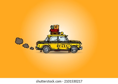 An old vintage taxi cab spewing polluting exhaust. Hand drawn vector illustration.