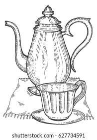 Old vintage teapot with tea cup line art sketch engraving vector illustration. T-shirt apparel print design. Scratch board imitation. Black and white hand drawn image.