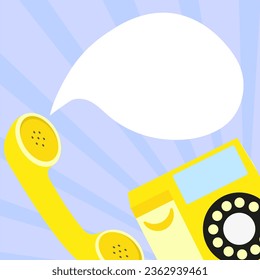 Viejo teléfono vintage con una burbuja de habla cerca del receptor. Teléfono amarillo retro con burbuja de voz