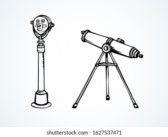 Old vintage tourist see operate monocular tube device isolated on white. Line black ink pen hand drawn antique tourism vacation city landscape sight logo learn eyepiece. Retro art cartoon sketch style
