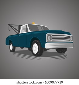 Old vintage tow truck vector illustration. Retro service vehicle.