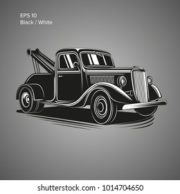 Old vintage tow truck vector illustration. Retro service vehicle. Repair pickup truck