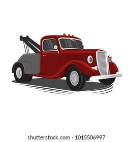 Old vintage tow truck vector illustration. Retro service vehicle. Repair pickup truck