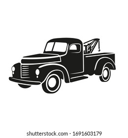 Old vintage tow truck vector illustration. Retro service vehicle. Repair pickup truck