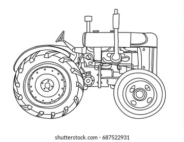 old vintage Tractor  hand drawn cute vector line art illustration