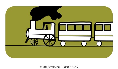 Old vintage train with locomotive smoking and wagons. Transport. Hand drawn basic comic cartoon style illustration.