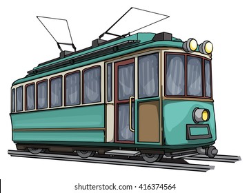 Old vintage tram drawing, isolated on white, vector illustration