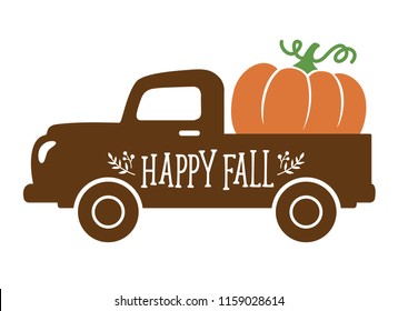 An Old Vintage Truck With Harvest Pumpkin. Fall Pumpkin Vector Illustration.