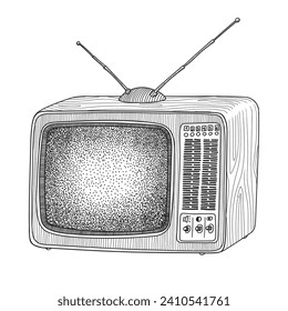 Old vintage tube TV with antenna. Linear primitive drawing in a cartoon style. The object is isolated on a white background.