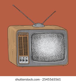 Antiga TV vintage tubo com antena. Desenho primitivo linear em estilo cartoon. O objeto está isolado em um plano de fundo vermelho. Ilustração em cores.