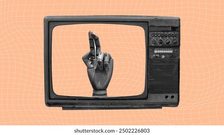 Viejo televisor vintage con pantalla editable maqueta de collage de Vector. Gesto de mano de maniquí de madera. Ilustración realista de retrofuturismo en blanco y negro aislada sobre fondo de rejilla de pelusa de melocotón. 