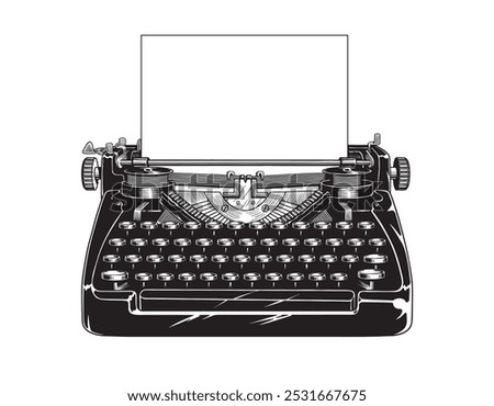 Old vintage typewriter and a blank sheet of paper inserted. Isolated on white background. Black and white vector illustration