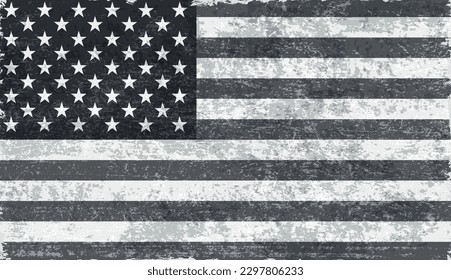 Old vintage United States flag.Grungy black and white American flag.