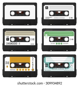Old Vintage Vector Audio Cassettes Set - Colored Retro Compact Cassettes - Front View Collection