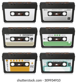 Old Vintage Vector Audio Cassettes Set - Colored Retro Compact Cassettes - Front View Collection