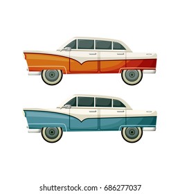 Old vintage vector toys two cars on the white background