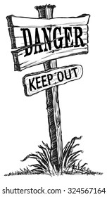 Old Vintage Wooden Sign Single Post with a "Danger Keep Out" message. Sketch Line Art Illustration Vector
