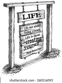 Old Vintage Wooden Sign Two Post Life Shaw Quote Sketch Line Art Illustration Vector 