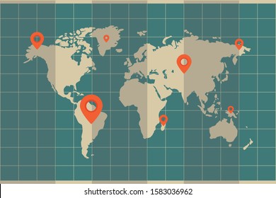 old vintage world map with location pin on grid illustration vector