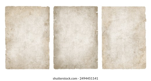 Old vintage worn paper sheets or parchment with ripped edges. Antique ragged paper texture set