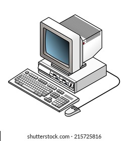 An old vintage/retro obsolete computer. A desktop with two floppy drives, a CRT monitor, keyboard and mouse.