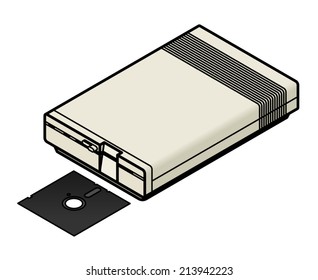 An old vintage/retro obsolete computer disk drive with a 5.25" floppy diskette. 