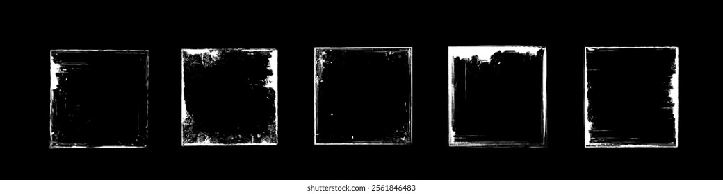 Old vinyl covers set isolated on black background. Vector realistic illustration of square paper frames with white scratches and grungy grainy texture, worn cd record mockup with blank surface