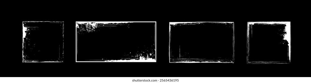 Old vinyl covers set isolated on black background. Vector realistic illustration of square paper frames with white scratches and grungy grainy texture, worn cd record mockup with blank surface