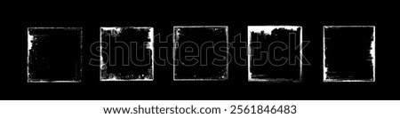 Old vinyl covers set isolated on black background. Vector realistic illustration of square paper frames with white scratches and grungy grainy texture, worn cd record mockup with blank surface
