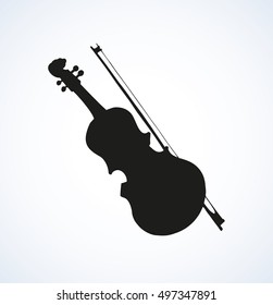 Old violin isolated on white backdrop. Black ink hand drawn logo sketch in art retro engraving style. Closeup view with space for text