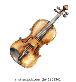 Old violin vector illustration in textured watercolor style. Classic string instrument artwork, perfect for music themes, classical concerts. Acoustic violin with beautiful wooden finish.