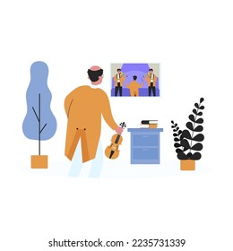 Old violinist watching musical performance on TV. Elder with violin, musicians playing instruments flat vector illustration. Music, nostalgia concept for banner, website design