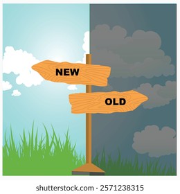 Old vs new arrow road signs representing- choice the new way and old way Progress and new opportunities, motivation and evolution vector design illustration.