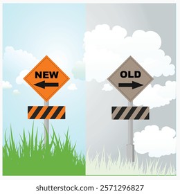 Old vs new arrow road signs - choice the new way and old way representing landscape vector design illustration.