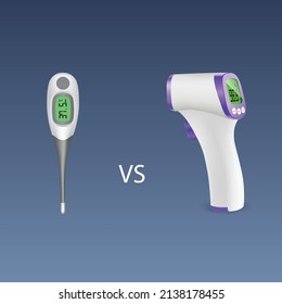 Old vs new fever thermometer isolated on gray background, vector illustration