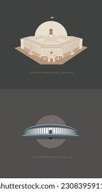 OLD vs New Parliament of India, New Delhi. Symbol of the Constitution of India.