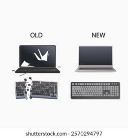 Old vs new technology laptop typing computer keyboard vector design illustration.
